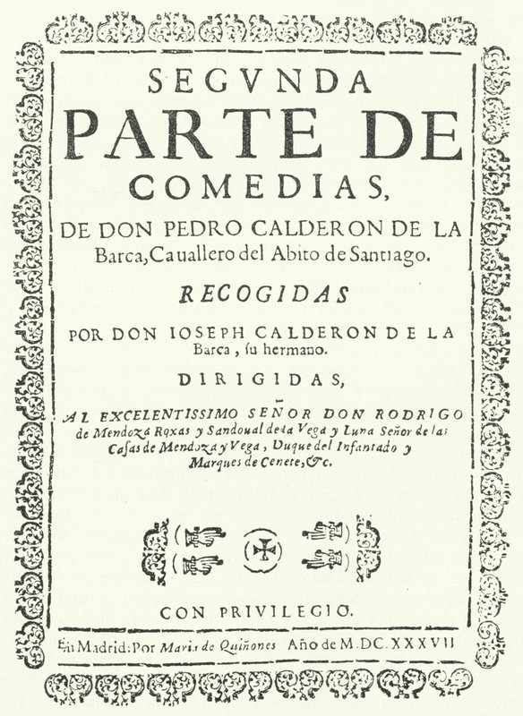 Titelsida från den andra av fyra volymer av Comedias of Calderon, publicerad 1637 (gravyr) av German School