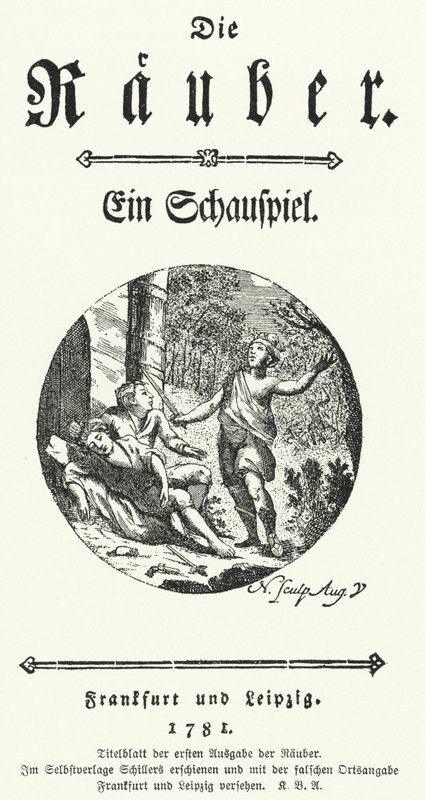 Titelsidan för den första upplagan av Friedrich Schillers pjäs Die Rauber (Rånarna) av German School