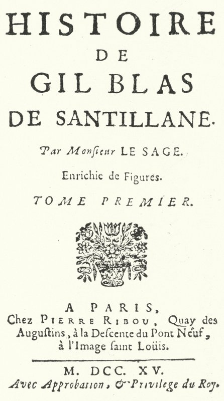 Titelsidan av den första upplagan av Gil Blas av den franske romanförfattaren och dramatikern Alain-Rene Lesage, publicerad 1715 (gravyr) av German School