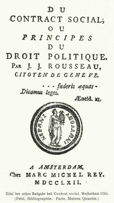 Titelsidan för den första upplagan av Det sociala kontraktet, av Jean-Jacques Rousseau av German School
