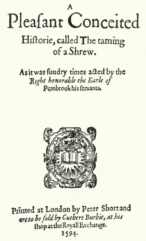 Titelsidan för den första upplagan av Shakespeare-komedin The Taming of the Shrew (gravyr) av German School