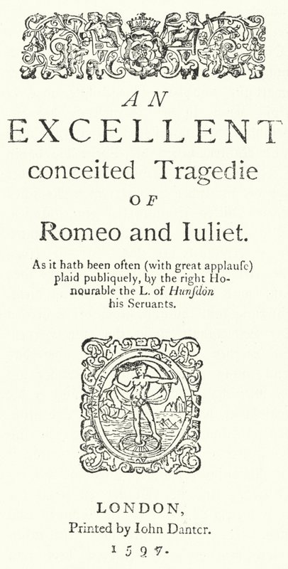 Titelsidan för den första quarto-utgåvan av Shakespeares Romeo och Julia (gravyr) av German School