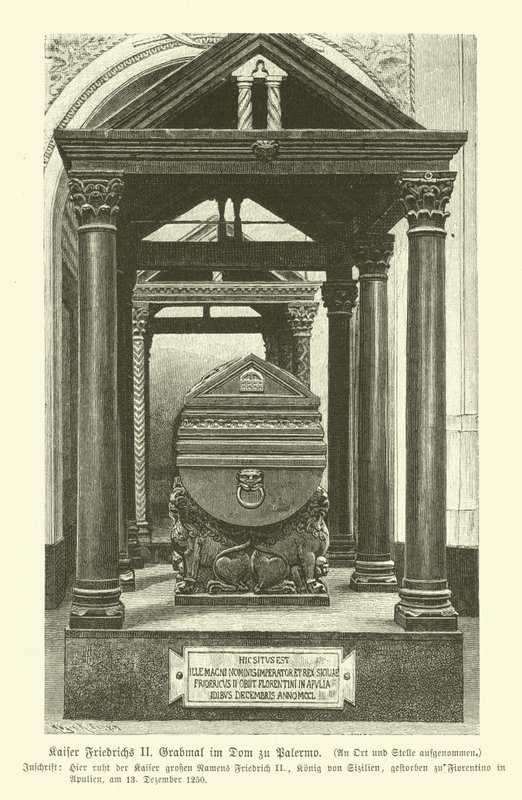 Grav av Fredrik II, den helige romerske kejsaren, i Palermo katedral, Sicilien (gravyr) av German School