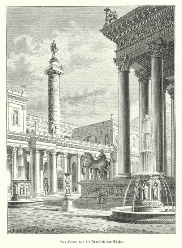 Trajanus kolumn och forum, Rom (gravyr) av German School