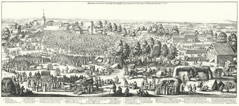 Resenärer som besöker de helande källorna i byn Hornhausen, 1646 (gravyr) av German School