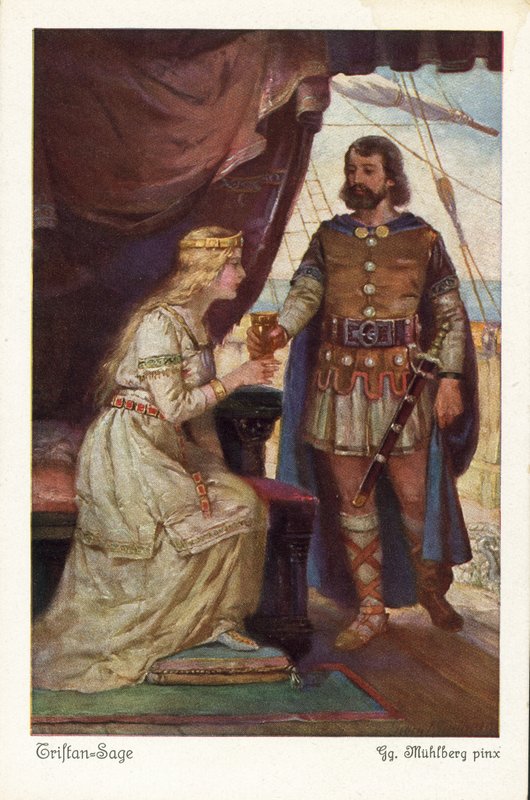 Tristan händer kärleksdrycken Isolde (färg litho) av German School
