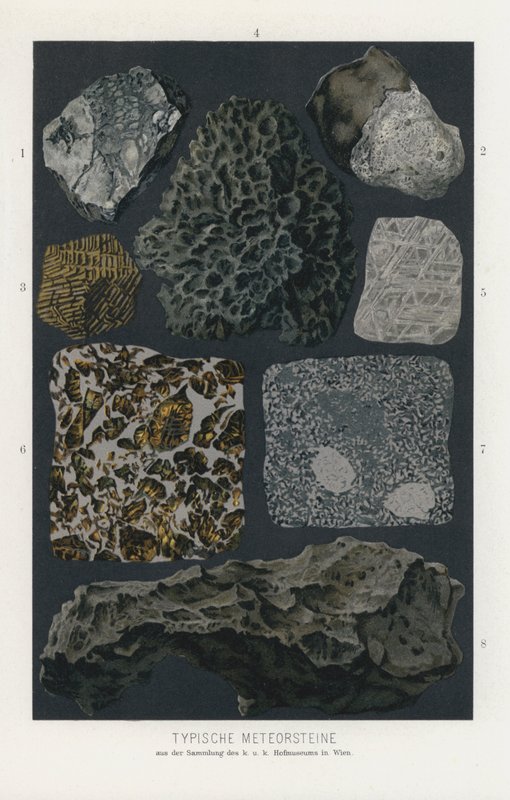 Typer av meteoriter (färg litho) av German School