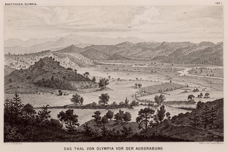 Valley of Olympia, Grekland, före arkeologiska utgrävningar (gravyr) av German School