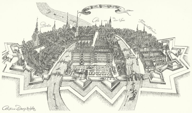 Utsikt över Berlin från 1600-talet (gravyr) av German School