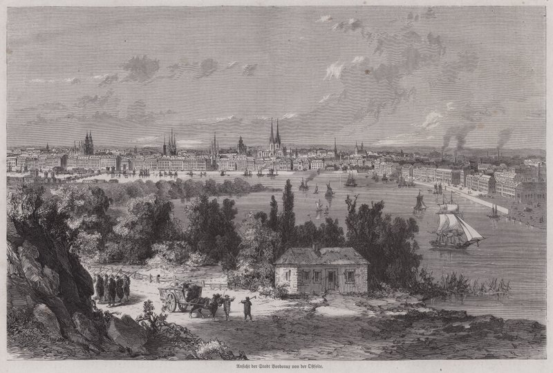 Vy över Bordeaux, Frankrike (gravyr) av German School