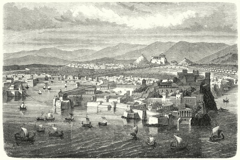 Utsikt över antika Aten från Pireus (gravyr) av German School