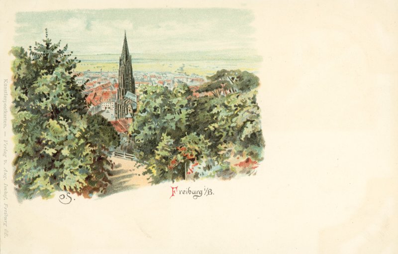 Utsikt över staden Freiburg, Tyskland, med dess katedral (chromolitho) av German School