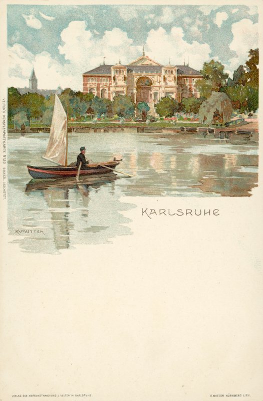 Utsikt över staden Karlsruhe i Tyskland (chromolitho) av German School