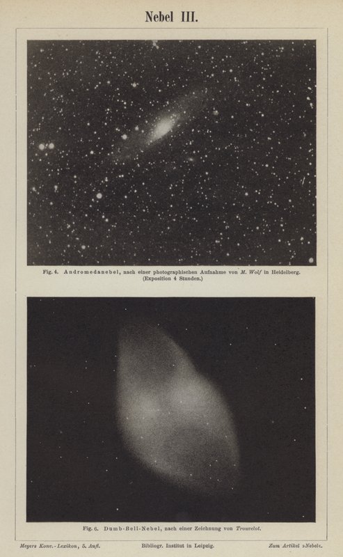 Utsikt över Andromeda-nebulosan och hantelnebulosan (gravyr) av German School