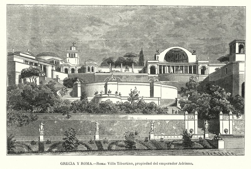 Villa av den romerske kejsaren Hadrianus, Tivoli, Italien (litho) av German School