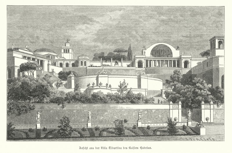 Villa av den romerske kejsaren Hadrianus i Tivoli, Italien (gravyr) av German School