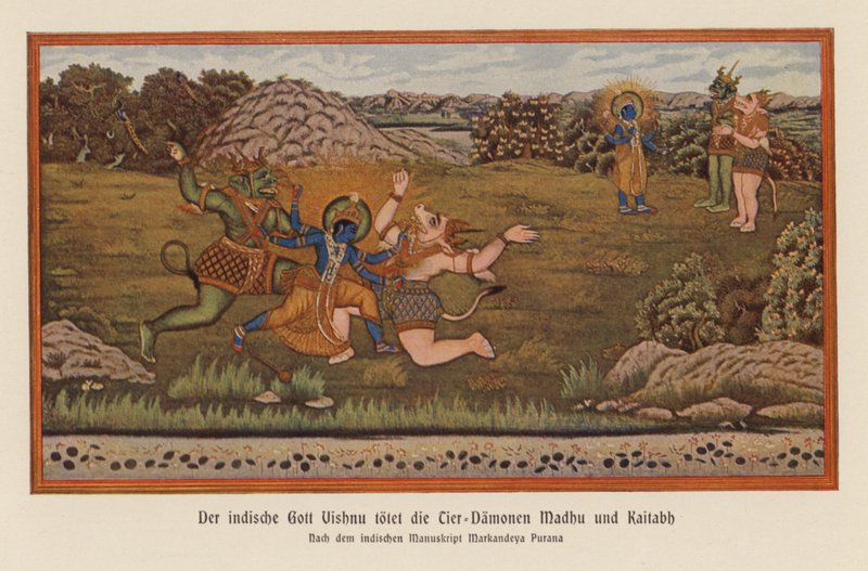 Vishnu dräper demonerna Madhu och Kaitaba (färglitografi) av German School