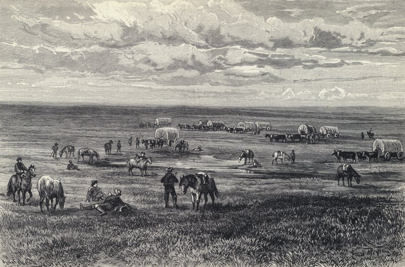 Vagntåg på prärien i South Dakota, USA (litho) av German School