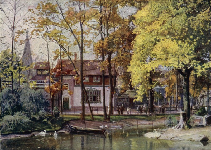 Waldschanke restaurang, Berlins zoologiska trädgård, Tyskland (färg litho) av German School