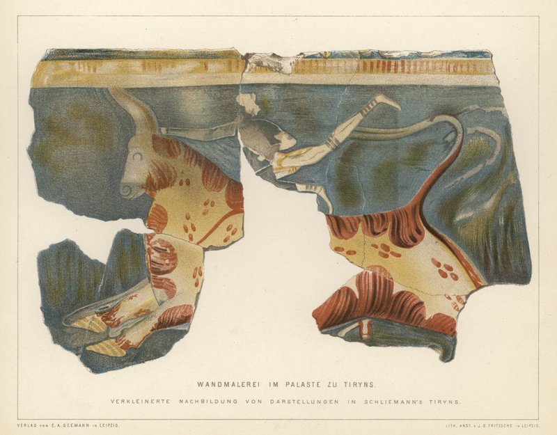 Väggmålning från det mykenska palatset i Tiryns, Grekland, utgrävt av den tyske arkeologen Heinrich Schliemann (färg litho) av German School