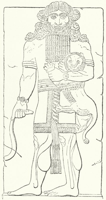 Väggrelief av Gilgamesh från ruinerna av Dur-Sharrukin, assyriernas huvudstad vid kung Sargon II:s tid (gravyr) av German School