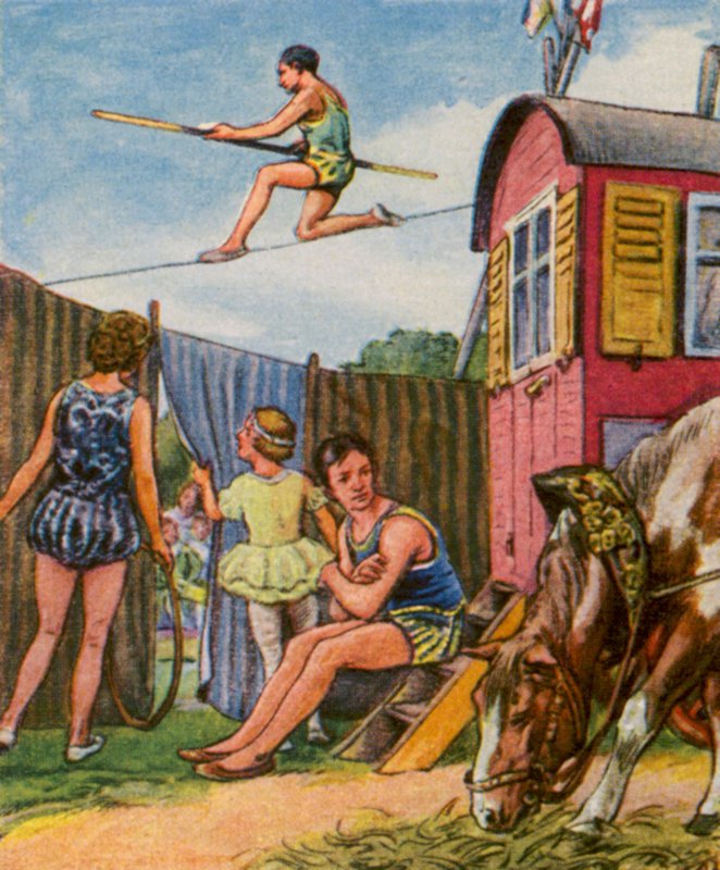 Wanderzirkus / Resande cirkus (färglitografi) av German School