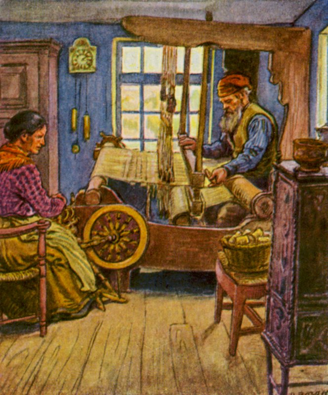 Weberstube / Vävsal (färglitografi) av German School