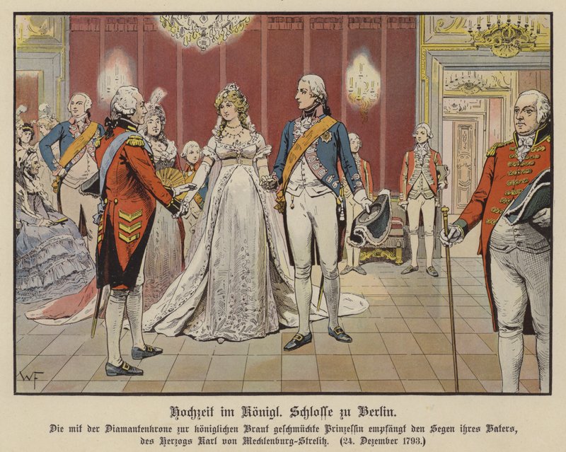 Bröllop av kronprins Fredrik William av Preussen och prinsessan Louise av Mecklenburg-Strelitz i det kungliga slottet, Berlin, 24 december 1793 (färg litho) av German School