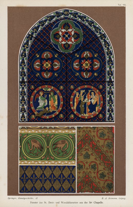 Fönster från basilikan St Denis och väggdekoration från Sainte-Chapelle, Paris, Frankrike (färg litho) av German School