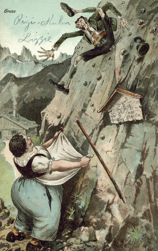 Kvinna som fångar man som faller från berg (färg litho) av German School