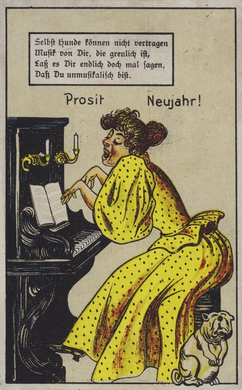 Kvinna som spelar piano på ett mycket uttrycksfullt sätt, till en hunds oro (färg litho) av German School