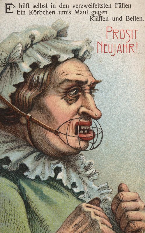 Kvinna med en bur runt munnen (färg litho) av German School