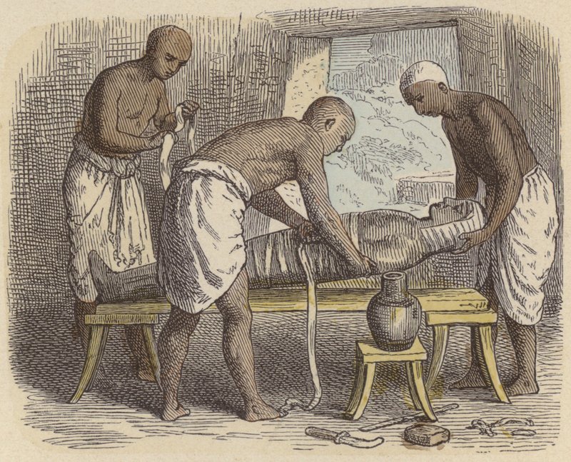 Slå in en mumie i det antika Egypten (färgad gravyr) av German School