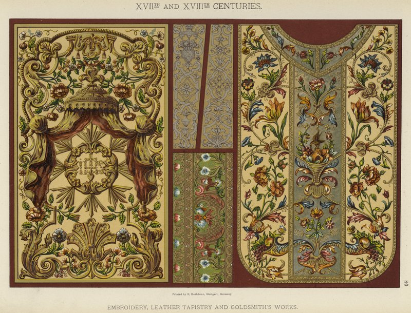 XVII:e och XVIII:e århundraden, broderier, lädertapeter och guldsmedsverk (färg litho) av German School
