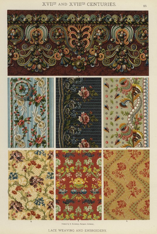 XVII:e och XVIII:e århundraden, spetsvävning och broderi (färg litho) av German School