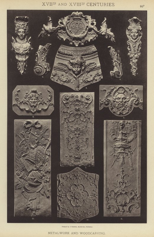 XVII:e och XVIII:e århundraden, metallarbete och träsnideri (färg litho) av German School