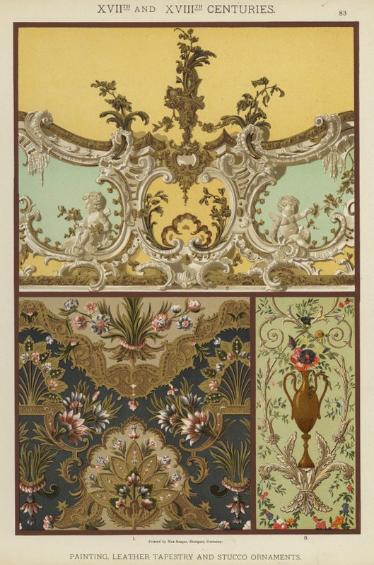 XVII:e och XVIII:e århundraden, målning, lädertapeter och stuckaturer (färg litho) av German School