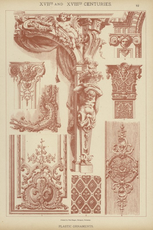 XVII:e och XVIII:e århundraden, plastdekorationer (färg litho) av German School