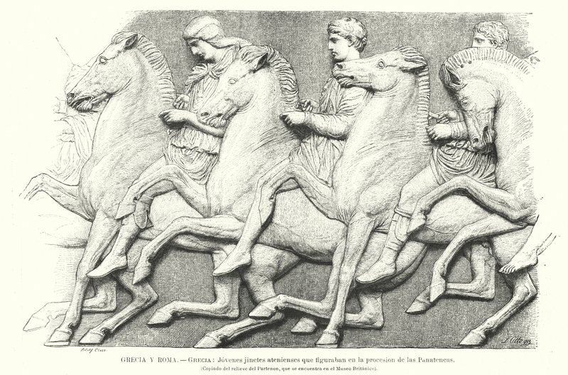 Unga atenska ryttare, kopia av en del av Parthenonfrisen från Aten, antikens Grekland (litho) av German School