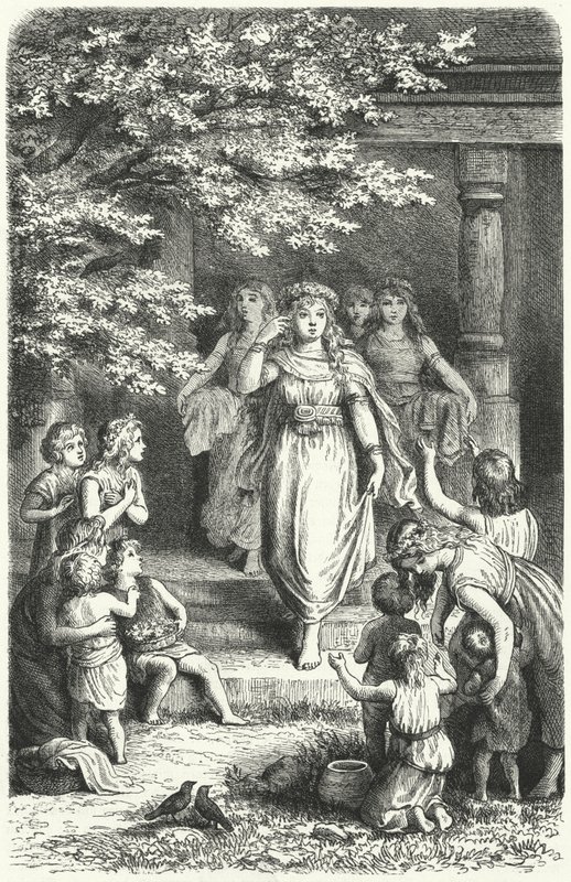 Unga tyska kvinnor bär kransar för att fira festivalen Eostre (Ostara) (gravyr) av German School