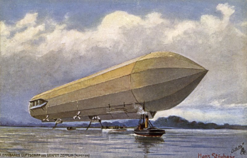 Zeppelin-luftskepp lyfter från en sjö av German School