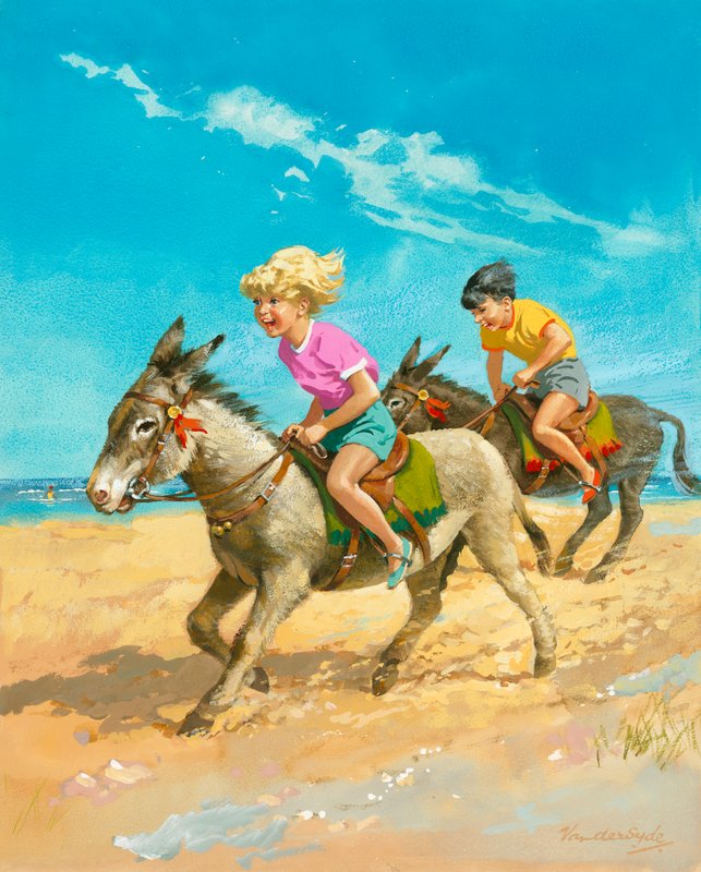 Pojke och flicka rider på åsnor på stranden av Gerritt Vandersyde
