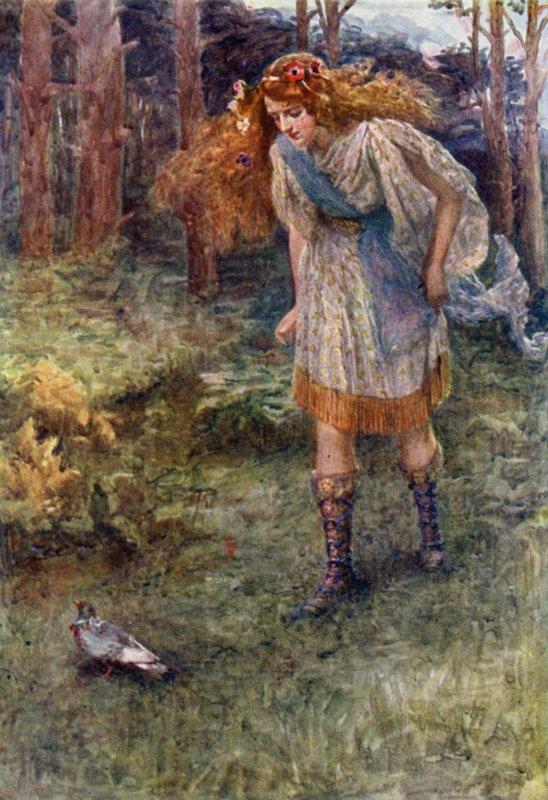 "Och alltid när hon närmade sig flöt duvan lite framåt" (färg litho) av Gertrude E. Demain (after) Hammond