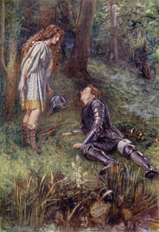 Belphoebe succours Timias (färg litho) av Gertrude E. Demain (after) Hammond