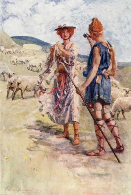 Calidore och Pastorella (färg litho) av Gertrude E. Demain (after) Hammond