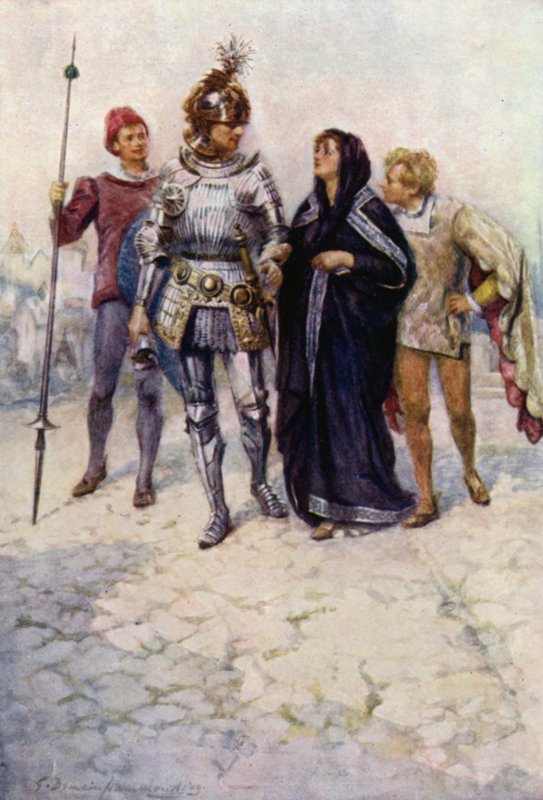 Prins Arthur leder Belge och hennes söner in i slottet (färg litho) av Gertrude E. Demain (after) Hammond