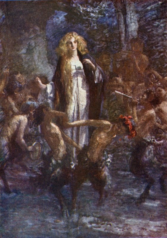 "Satyrerna dansade runt henne i glädje" (färg litho) av Gertrude E. Demain (after) Hammond