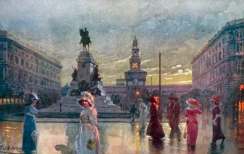 Milano / Milano: Largo Cairoli och Monum, i Garibaldi (färglitografi) av Giovanni Guerzoni