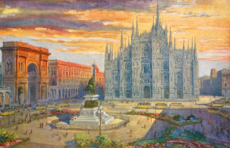 Milano / Milano: Piazza del Duomo (färglitografi) av Giovanni Guerzoni