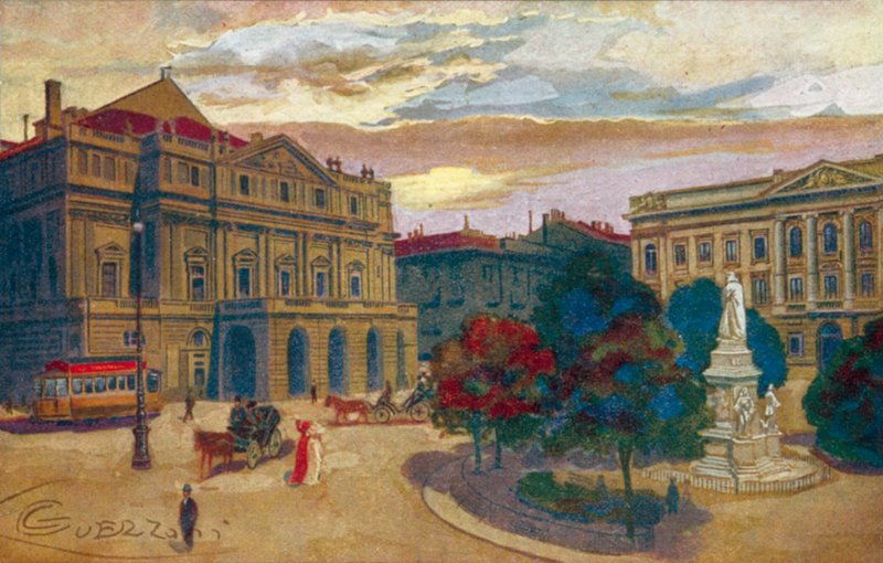 Milano / Milano: Piazza och Teatro della Scala (färglitografi) av Giovanni Guerzoni